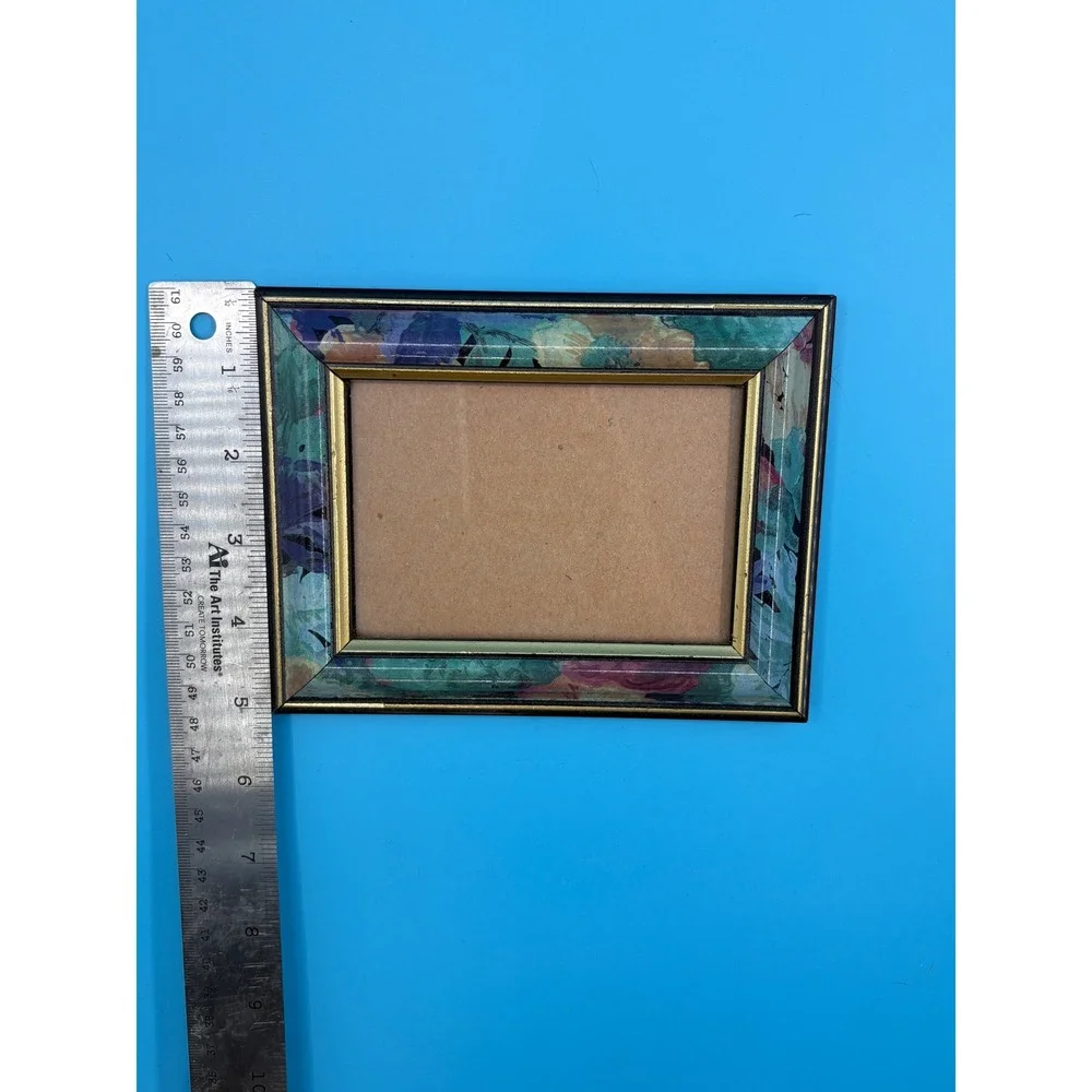 Vintage 1980s Teal Floral Picture Frame 4x6 Impressionist Lacquer Gold Trim